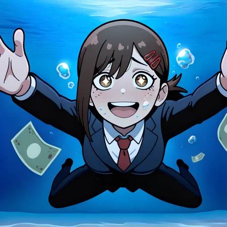 masterpiece, best quality, absurdres, perfect lighting,shiny skin,<lora:illustrious_noobai_epsilon_pred_1_best_quality_v1:1>,nirvana,parody,underwater, swimming,air bubble, bubble,water,clear_water, blue theme, submerged, diving,money,outstretched arms,reaching towards viewer,reaching,spread legs,<lora:nirvana:0.9>,1girl, higashiyama kobeni, happy, business suit, sparkling eyes,