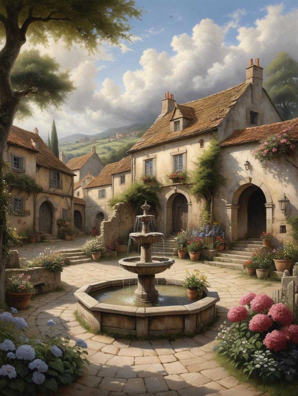 oil painting, A cosy village square in the middle of a hilly landscape, with an old fountain in the centre, surrounded by a pretty flower garden and shady trees, dramatic clouds, gloomy, mysterious, hazy, dusty, mystical, mysterious, gloomy, hazy, dusty, dramatic light, 34K uhd, masterpiece, high detail, 8k, intricate, detailed, high resolution, high res, high quality, <lora:add-detail-xl:1.8>, highly detailed, Extremely high-resolution details, fine texture,
