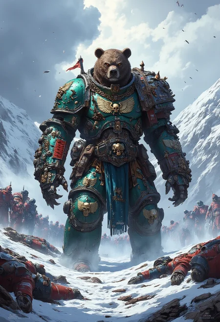 ((Dark fantasy art))
The image depicts a massive, humanoid bear standing in a snowy battlefield. The bear is dressed in dark fantasy armor and adorned with skulls, chains, and furs. Its imposing size and fierce expression suggest a dominant warrior. Surrounding the bear are fallen soldiers and debris, giving the impression of a fierce battle. Snow-covered mountains and a cold, stormy sky form the background, enhancing the dark, brutal atmosphere of the scene.
