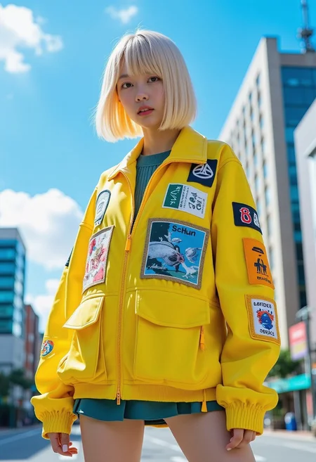 A photo in aestheticphotographyjp style, captured with a Fujifilm X100VI (f/2.8, 120mm). A blonde girl with a sharp bob haircut and delicate fringe stands confidently under sky-blue clouds, wearing a Japanese school uniform with a mini skirt and a bright yellow jacket adorned with colorful patches and graphic designs. Against the neon-lit chaos of a bustling city skyline, her athletic physique and resolute gaze embody strength and individuality, blending techwear elements with traditional Japanese aesthetics.