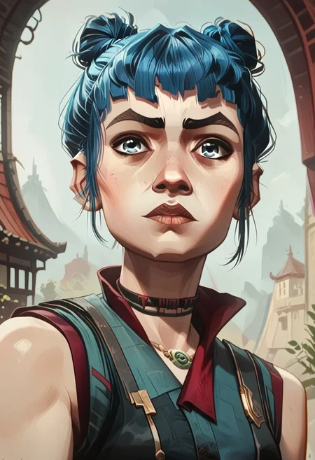 score_9, score_8_up, score_8_up, solo focus, solo, female focus, ArcaneEyesV1, 
BREAK PowderAltOutfit1, bangs, blue hair, blue eyes, earrings, choker, bare shoulders, hair buns, short hair,
