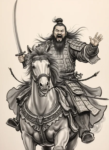 zydInk, a Chinese man, (open mouth, shouting:1.8), riding horse, holding Chinese spike, wearing Chinese armor, dynamic pose
