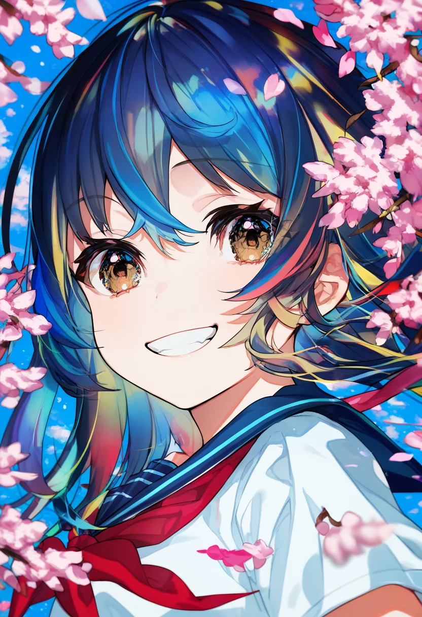 score_9, score_8_up, score_7_up, score_6_up, <lora:MikaPikaZoXL_Js2_lokr_V42310:0.95> 1girl, solo, smile, looking at viewer, long hair, hair between eyes, red neckerchief, shirt, neckerchief, school uniform, sailor collar, white shirt, serafuku, cherry blossoms, colorful, grin, multicolored hair, flower, water, blue sailor collar, blue hair, upper body, teeth, pink flower, multicolored eyes, egasumi, brown eyes, short sleeves, black hair