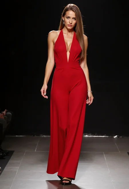 beautiful model, long straight hair, large round breasts, clo018, wearing a red sleeveless halterneck jumpsuit with a deep V-neckline and draped details, cinched waist, and wide, flowing pants, perfect feet in black high heels, walking on a catwalk, spotlight on her