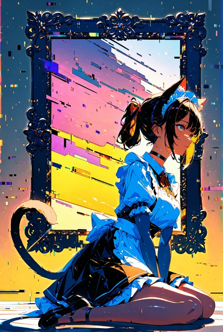 high score, great score, (2023), 1girl, solo, wariza, Nekomimi, classic maid's clothes, black choker, ribbon, layered skirt, Depth of field, glitch style, cinematic shadows, Multiple exposure, cyberpunk, (double exposure, ligne claire:0.9), [(flickering background:1.2)::0.2], (border glitch background:1.2), masterpiece, best quality, amazing quality, very aesthetic, absurdres, highres, newest, intricate details, high contrast, blight face, eyelashes, brilliant skin, shiny skin, perfect hand, HDR, 8K,  <lora:DoubleExposure:1> <lora:aesthetic_anime_v1s:1.2>