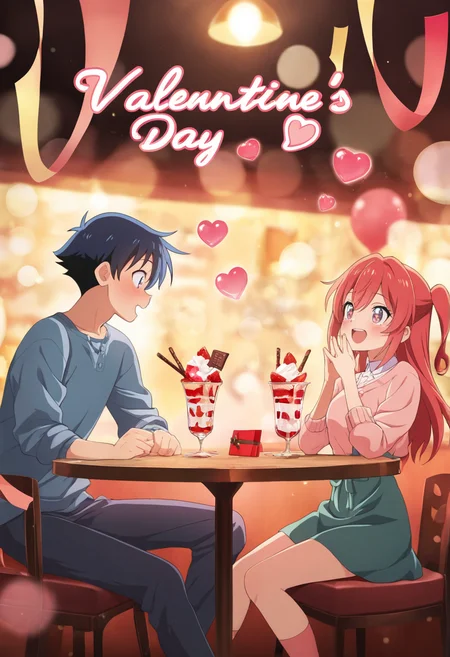 masterpiece,best quality,amazing quality,
a cheerful anime boy and girl couple, sitting at a charming cafe table adorned with red and pink heart balloons and festive streamers, sharing a delicious-looking strawberry parfait with whipped cream and cherries, bright smiles and sparkling eyes, joyful laughter and engaged eye contact, vibrant and saturated colors, dynamic and expressive poses, inspired by classic anime animation, warm inviting lighting, beautiful bokeh background of the bustling cafe, Valentine's Day date,