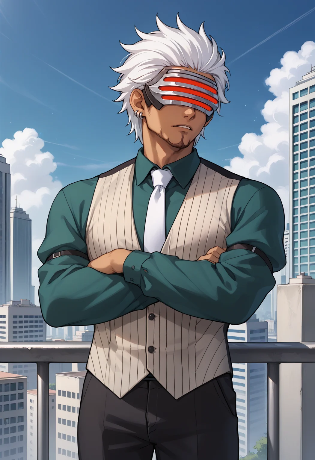 score_9, score_7_up, source_anime, 1boy, cowboy shot, parted lips, crossed arms, <lora:GodotAA-pdxl:1> gdAA, white hair, short hair, mask, covered eyes, dark-skinned male, beard, single earring, collared shirt, green shirt, long sleeves, pinstripe vest, white necktie, arm strap, black pants, city, cloud