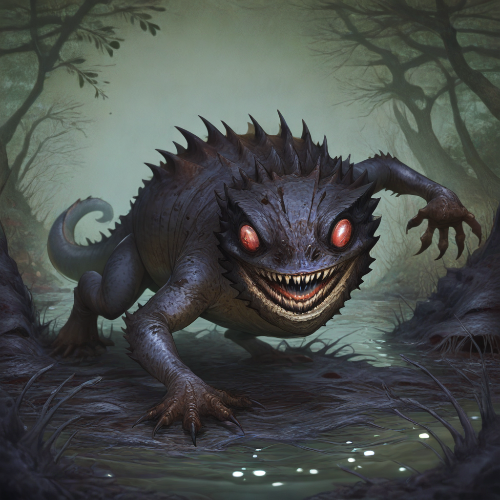 masterpiece, best quality, newest, absurdres, highres, vintage anime, 90s anime, Droad-V1.0, dragon, toad, frog, monster, no humans, animal focus, teeth, sharp teeth, claws, roar, open mouth, sharp claws, horror (theme), dark fantasy, swamp