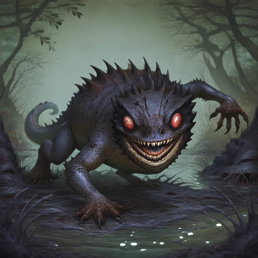 masterpiece, best quality, newest, absurdres, highres, vintage anime, 90s anime, Droad-V1.0, dragon, toad, frog, monster, no humans, animal focus, teeth, sharp teeth, claws, roar, open mouth, sharp claws, horror (theme), dark fantasy, swamp