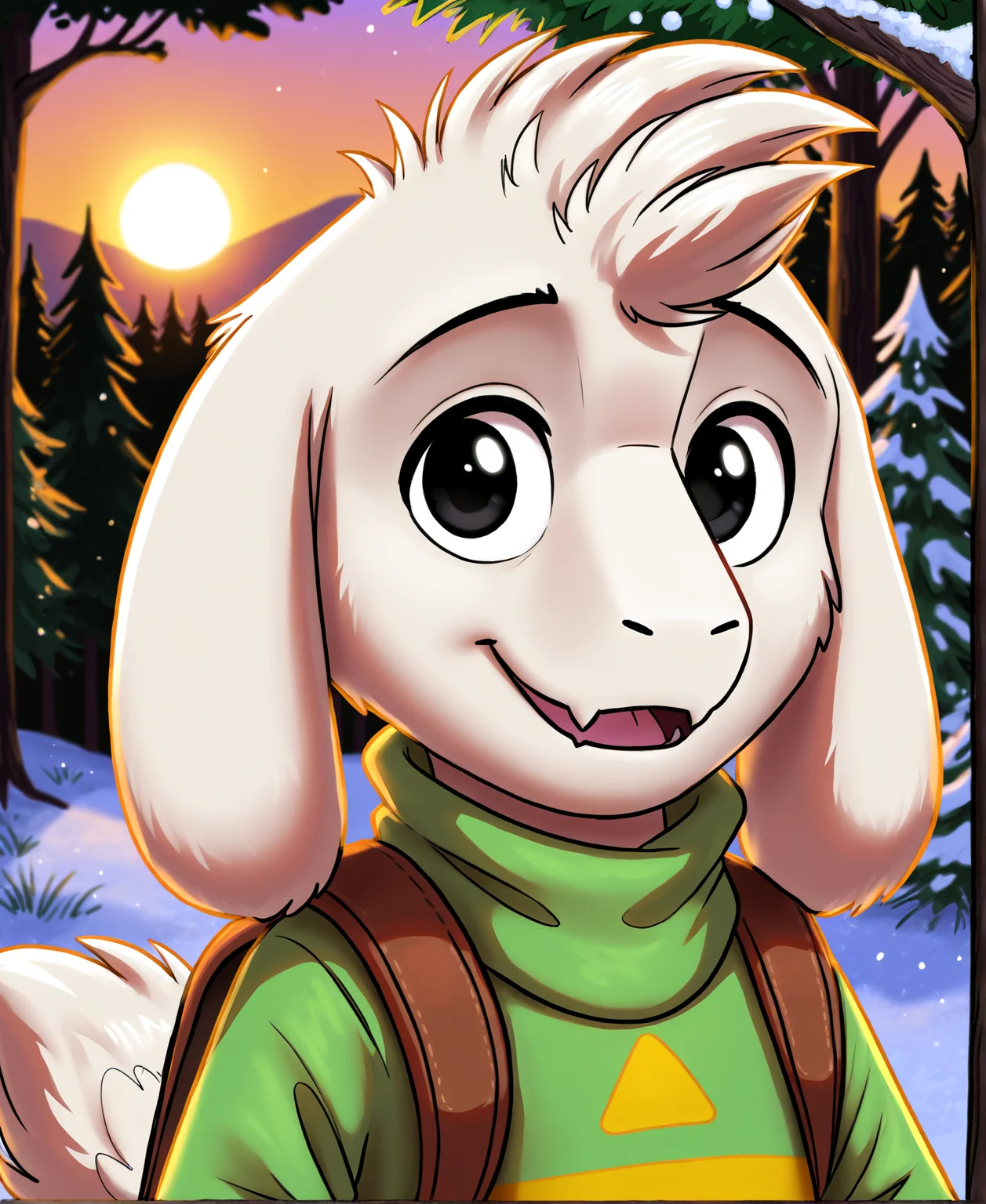 <lora:AsrielPony-000040:1> Asriel Dreemurr, undertale, boss monster, young, black eyes, clothed
pine forest, sunset BREAK
portrait, brown backpack, backlighting, smile, looking at viewer, dutch angle, Close-up, BREAK
<lora:spo_sdxl_10ep_4k-data_lora_webui:1> score_7_up, perfect quality, best quality, detailed environment, clear composition, absurdres, very aesthetic, high resolution, newest (masterwork, masterpiece, hyper-detailed, 8k uhd)âââ