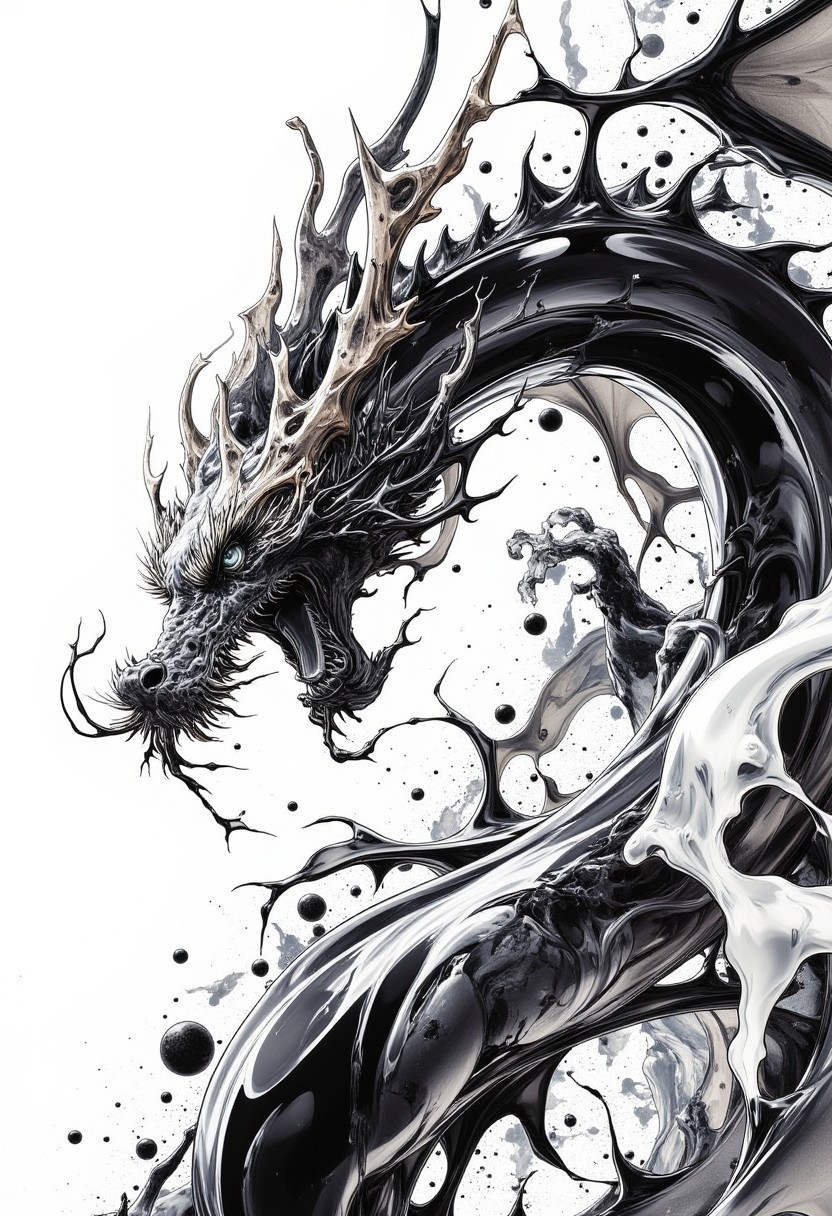 abstract_arts,Modern Art,A dramatic black and white illustration of a dragon in mid-roar, with dynamic brushstrokes that capture its fierce expression