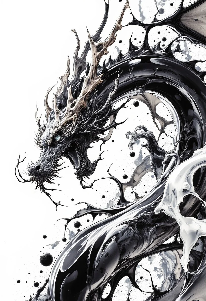 abstract_arts,Modern Art,A dramatic black and white illustration of a dragon in mid-roar, with dynamic brushstrokes that capture its fierce expression
