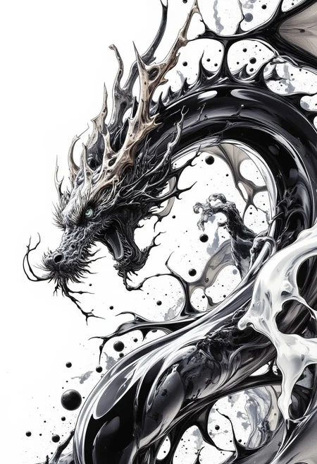 abstract_arts,Modern Art,A dramatic black and white illustration of a dragon in mid-roar, with dynamic brushstrokes that capture its fierce expression