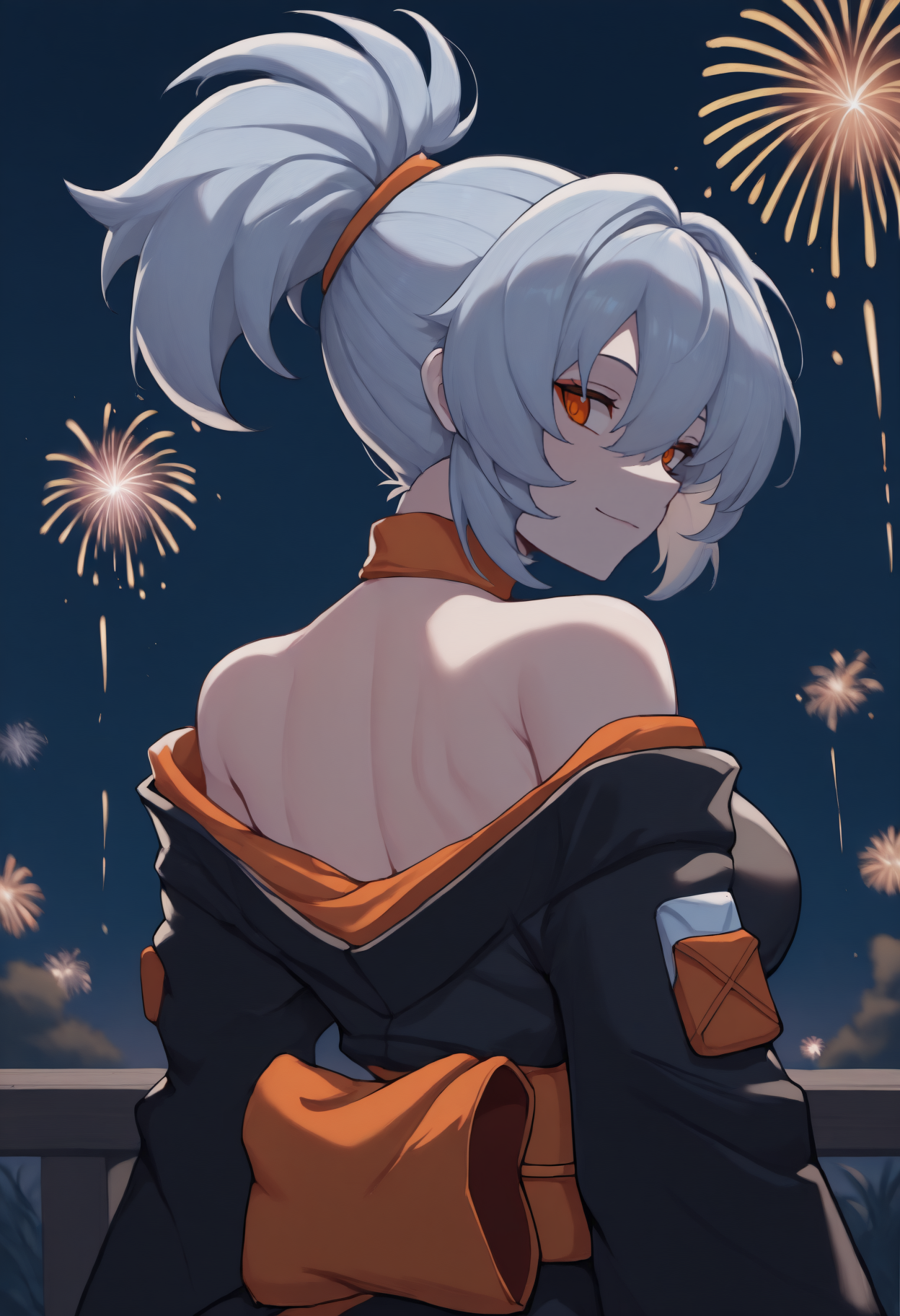 anime, masterpiece, best quality, from behind, solo, 1girl, sld11, slight smile, looking back, grey hair, hair between eyes, ponytail, orange eyes, japanese clothes, black kimono, off shoulder, orange sash, bare shoulders, outdoors, night, fireworks
<segment:yolo-Anzhc Face seg 640 v2 y8n.pt,0.4,0.5//cid=1>