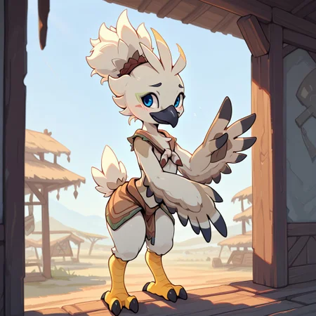 masterpiece, 1boy, solo, semi-anthro, Tulin, furry, avian furry, white feathers, feathers, blue eyes, black beak, hair bun, yellow talons, black claws, winged hands, small tail, brown loincloth, shy, looking around, day, sunlight, clear sky, tribal village setting