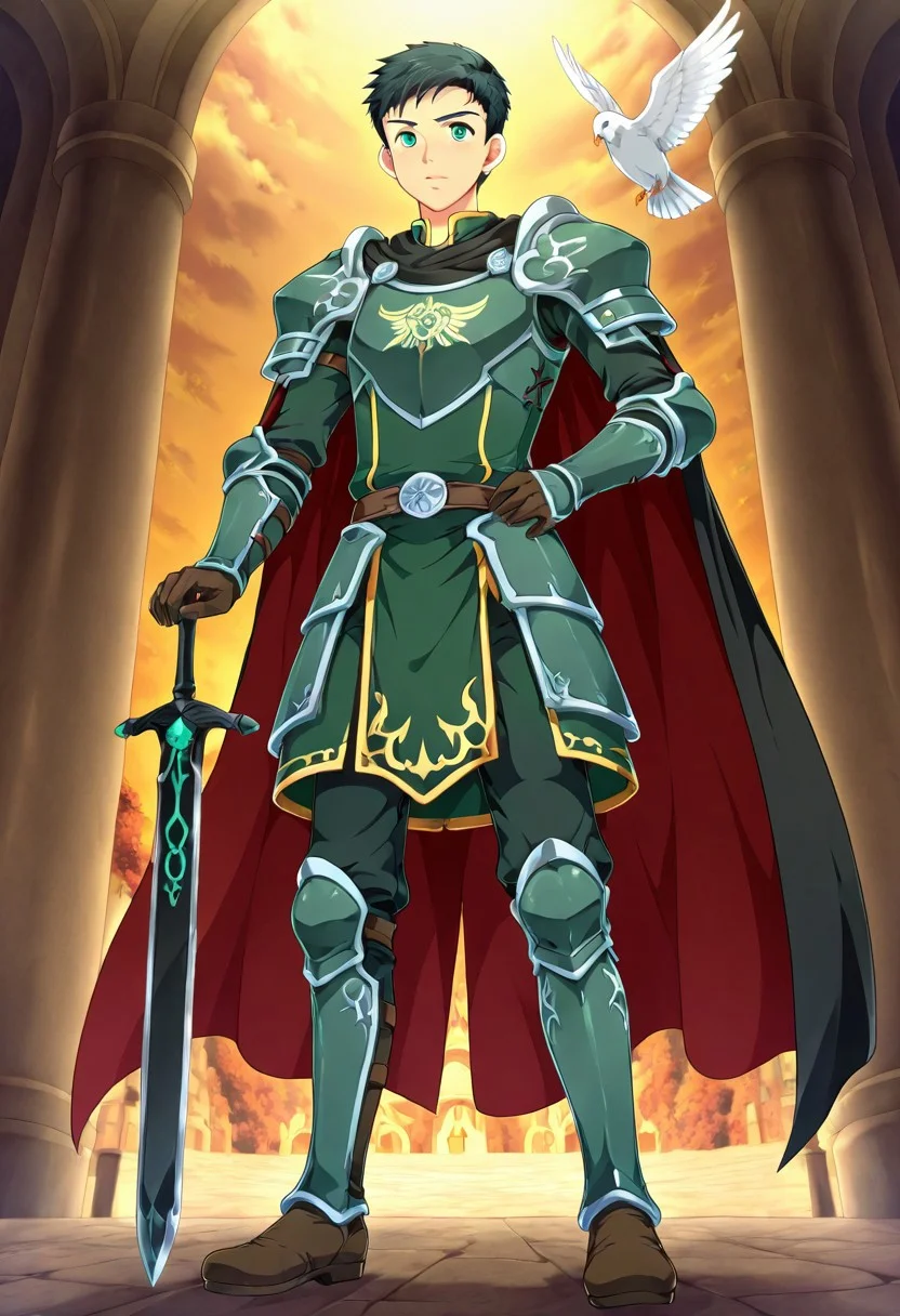 yuto_umemura, black hair, short hair, mint green eyes, he is dressed in a suit of dark iron platemail. Break. he is holding up a black coloured sword. Properly holding the sword by the hilt, his armour bears a crest of a yellow dove. fantasy armour. stylized silver dove emblems and symbols on armour and sheild. Break. epic background is a a beautiful palace. a strong wind is blowing his cape.