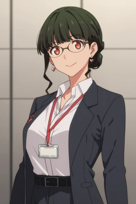 score_9, score_8_up, score_7_up, score_6_up, score_5_up, source_anime, rating_safe, medium breasts, indoors, 1girl, solo, looking at viewer, <lora:age_slider_v4:3>, (upper body:1.2), (dynamic pose:1.2), anosillus the 2nd, dark green hair, short hair, low tied hair, french braid, red eyes, glasses, heart earrings, suit, grey jacket, white shirt, collared shirt, lanyard, open jacket, black belt, grey pants, white footwear, <lora:Anosillus_the_2nd:0.8>
