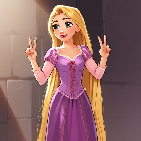 score_8_up, BREAK, rapunzel, 1girl, solo, blonde hair, long hair, green eyes, dress, cowboy shot, arms at sides, <lora:Rapunzel_PXL_Leaf1:1>, double v,