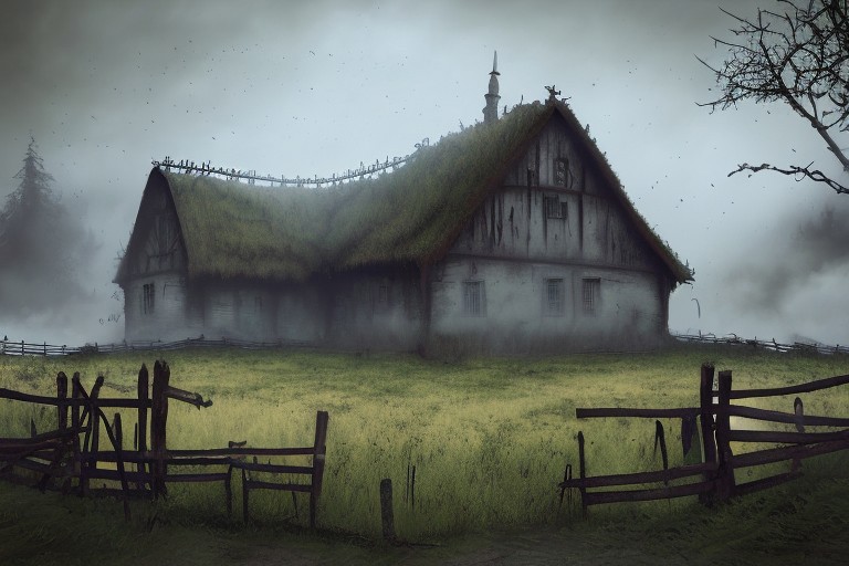 RAW photo, (masterpiece:1.3), subsurface scattering, heavy shadow, (high quality:1.4), (intricate, high detail:1.2), professional photography, HDR, High Dynamic Range, realistic, ultra realistic, photorealistic, high resolution, film photography, ambient lighting, atmospheric effects, <lora:detail_slider_v4:2>, OverallDetail, sinister and dark fantasy farmhouse, fields, fence, RAIN, fog, fantfa, <lora:FantasyFarm:1>