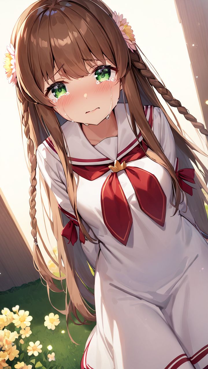 masterpiece,best quality,very aesthetic,absurdres, <lora:XL kanbe_kotori:1>,1girl,kanbe_kotori,solo,Standing on the ground,frontal,front view,Positive por,masterpiece,best quality,very aesthetic,absurdres, kanbe_kotori, 1girl, solo, school uniform, flower, looking at viewer, dutch angle, crying, simple background, sailor collar, sad, serafuku, white sailor collar