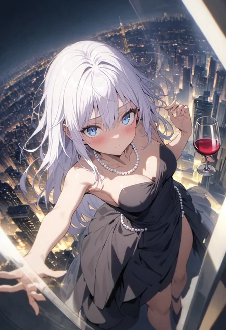 score_9, score_8_up, score_7_up, score_6_up, masterpiece, best quality, absurdres, cinematic, dynamic angle, perfect composition, solo, 1girl, medium breast, gojo satoru, blue eyes, white hair, long hair, pearl necklace, cocktail dress, high heels, glass of wine, city skyline, blush, standing, looking at viewer,