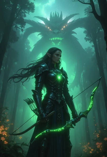 This high-resolution, fantasy-themed photograph captures an elf warrior standing tall in the center of an enchanted forest. The focus is on her intricate armor and glowing green bow, which illuminates her fierce expression. Her long hair flows in the mystical wind. In the background, a gigantic, translucent dragon with seven luminescent heads is seen emerging from the trees, its dark-red, blood-like essence glowing faintly. The forest is alive with bioluminescent plants and the Milky Way shining overhead. The scene is shot from a medium close-up, highlighting the elf’s readiness and bravery. Atmospheric haze, film grain, and a shallow depth of field create a magical, high-budget cinematic quality.
