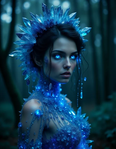 greek 30yrs old woman full body shot, blue crystalz eyes, wearing a overgrown glowing crystalz dress, in a mythical forest, masterpiece, perfect face, intricate details, horror theme <lora:ral-crystalz:1>