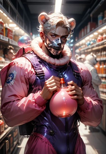 (score_9, score_8_up), score_7_up, 1boy, bara, spikes, pink thighhighs, hands up, water balloon, very long sleeves, glass bottle, astronaut, white leotard, 2012, linea alba, bowing, two of clubs, flower shop, center flap bangs, mystic eyes of death perception, happy valentine, o , polar bear ears, hot sauce, purple one piece swimsuit, bear, side seamed legwear, shelving book, white mouth mask, blurry background, depth of field, DOF, CINE,
<lora:masky-000009:0.5> <lora:SPACE0PERA_Pony:0.6>