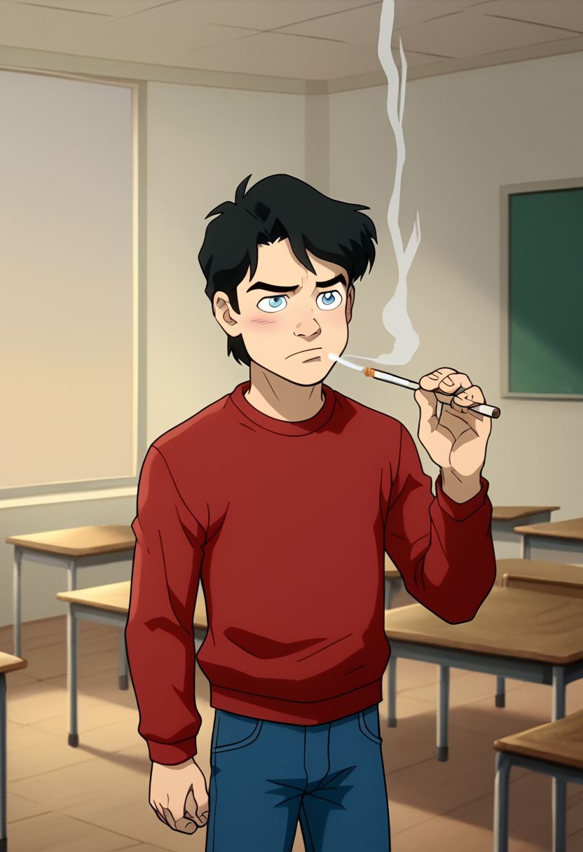 High Quality,  Billy batson, small body, solo, 1boy, black hair, blue eyes, red tshirt, bluejeans, young, smoking marijuana, ecstasy face, classroom