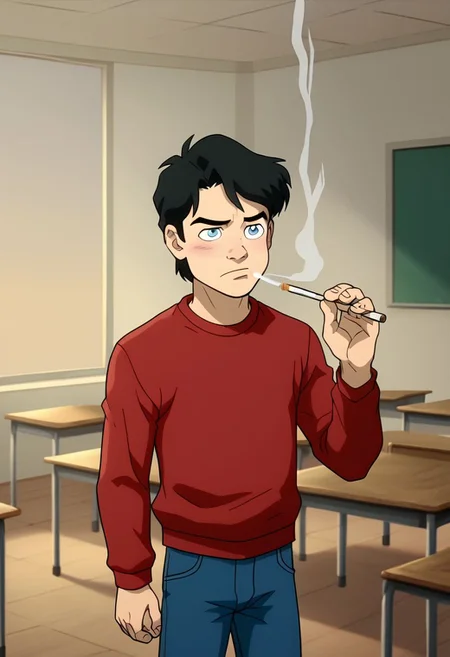 High Quality,  Billy batson, small body, solo, 1boy, black hair, blue eyes, red tshirt, bluejeans, young, smoking marijuana, ecstasy face, classroom