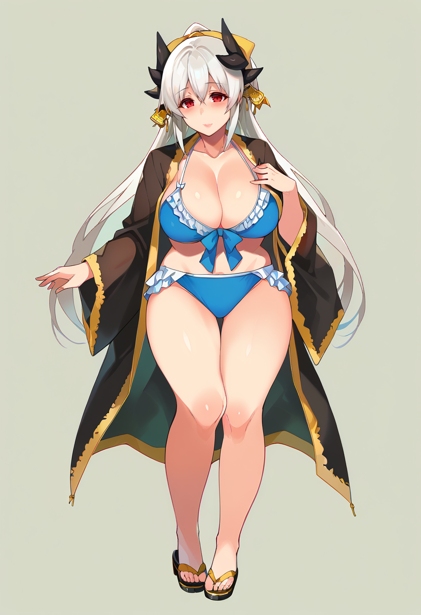 score_9,  score_7_up, BREAK 1girl,  <lora:spfateKiyohimeXLPony:1> kiyola3st, white hair, horns, yellow bow, blue bikini, cleavage, frills, frilled bikini, japanese clothes, black kimono, standing, full-body shot,  mature girl, mature female   <lora:sasamori_tomoe-Style-PonyXL-Dora-000049:1>