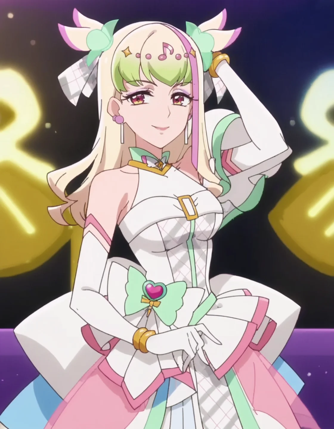 score_9, score_8_up, score_7_up, anime screencap, solo,1girl,curezukyoon, solo, gloves,elbow gloves, jewelry, idol, dress, earrings, musical note, bow, white gloves, smile, looking at viewer, bracelet, hair ornament, makeup, magical girl,large breasts,<lora:curezukyoon_pony:0.8>