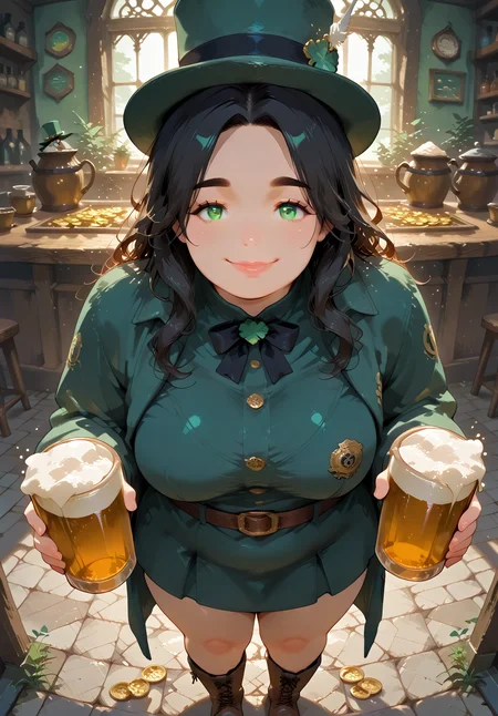 IllusP0s, PonyScores7, source_anime, ah1, IllustriousQual, interesting, exciting, spectacular, wonderful, amazing quality, absolutely eye-catching, 
BREAK <lora:xl_more_art-full_v1:0.2>, <lora:aesthetic_anime_v1s:0.2>, <lora:EpicF4nta5yXL:0.2>, <lora:detailxl:0.2>, detailxl, <lora:Fant5yP0ny:0.2>, amazing quality, best aesthetic, absurdres, illustration, Volumetric_Lighting, ultra-detailed, very aesthetic, intricate details, best_quality, <lora:Add_Details_v1.2:0.4>, <lora:quality_modifiers_masterpieces_v1:0.2>, <lora:ZootPonyAnime_V1_r2:0.2>, <lora:Bestifacator2:0.2>,
BREAK ((A woman's touch on any surface leaves behind a glowing, rune-like symbol that activates a barrier, protecting an area from any intrusion, the symbols pulsing with energy)),
BREAK Stable_Yogis_PDXL_Positives, AS-Adult, <lora:Complicated fantasy portrait - XL Pony V2.0:0.2>, bad-hands-5, <lora:HDA_Detailer:0.3>, <lora:natsumi_style:0.5>, <lora:by_usakun-pony:0.4>, by usakun, <lora:Akina_Bbw_Style_-_PonyXL:0.2>, AkinBw, ((head out of frame)),
BREAK 1girl, mature female, (curvy), round-chin, caucasian, <lora:ETO_OC_Illustrius:0.5>, eto_oc, skindentation, (plump), thick thighs, wide hips, busty, voluptuous, <lora:venus body PonyXL:0.3>, <lora:shinyskin2:0.2>, glistening skin, HDA_FatGirlXL, round ass, large breasts, <lora:plussizegirls_IL:0.3>, <lora:plussizegirls_pony:0.3>, <lora:perfection style:0.2>, perfection style, perfection, 
BREAK ((<lora:ShamrockWorld_IXL:0.2>, shamrockworld, clover, four-leaf clover, cup, green theme, bow, holding pint of beer, jewelry, <lora:illustrious_Leprechaun:0.2>, illustrious Leprechaun, green hat, belt, brown footwear, green dress, top hat, buttons, gold coins, boots, green headwear, green coat)),
BREAK (curly hair), long hair, (black hair:1.4), (parted hair:1.7), messy hair, kinky curls, <lora:hairdetailpxl:0.2>, hairdetailpxl,
BREAK (half green and brown eyes), (colorful eyes), (multicolored eyes), (downturned eyes:1.4), expressive eyes, <lora:perfect-eyes:0.4> perfecteyes , EyesHD, (round face:1.2), (thick eyebrows:1.3), (plump face), <lora:Round_face:0.2>, lips, <lora:DetailedEyes_xl_bdsqlsz_V1:0.2>, <lora:Eyes_Lora_Pony_Perfect_eyes:0.2>, <lora:focusoneyes:0.2>, <lora:cinematic eye color style illustrious v1:0.2>,
BREAK ((tender expression, Soft gaze, gentle smile, relaxed features expression)), <lora:Expressive_H:0.2>, Expressiveh, <lora:Emotional_Anime_Expressions_PonyXL_Concept:0.2>, emotional, <lora:Best_Facial_Expression_LoRA_PONY:0.2>, looking at viewer, <lora:Detailed expressive EXEV style -XL Pony V1.0:0.2>, FaceDetail, <lora:Best_Facial_Expression_Helper_XTREME_ILLU:0.4>, kaogei,
BREAK (((ireland, irish pub))), <lora:Background Detailer - SDXL:0.8>, 4k, 8k, Ultra HD, Masterpiece, Best quality, Detailed background, <lora:Add_more_details_V2_XLpony:0.2>, full_details, <lora:background-type1:0.2>,