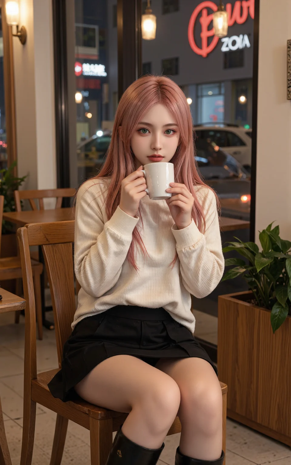 A stylish20-year-old girl with long pink hair and green eyes sits comfortably in a modern café,wearing a cream-colored sweater,a black pleated skirt,and elegant knee-high black boots. Holding a hot cup of coffee,she gently blows on it while smiling softly. The caféâs warm ambient lighting creates a cozy atmosphere,with wooden tables,potted plants,and soft jazz music playing in the background. Large windows reveal the bustling city outside,with neon lights reflecting off the glass. Realistic photography style,cinematic lighting,soft-focus background,warm and cool tone contrast.,
<lora:yuukananri-base-02-flux:0.8>,yuukananri,she has a slender physique and a petite build,