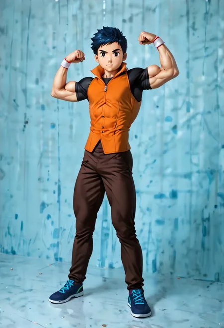 score_9, score_8_up, score_7_up, score_6_up, detailed, intricate details, highres, absurdres ,source_anime, henry wong, blue hair, grey eyes, orange vest, black shirt, wristband, brown pants, 1boy, eight-pack-abs, eight abdominal muscles, eight abs, eight pack abs, eight-pack abs, biceps flexing, looking at viewer, male focus, solo, kid with muscles, muscular arms, muscular legs, muscular kid, muscular pectorals, kid with hyper muscles, full body, male focus, hyper muscles, muscular abs, muscular arms, hyper muscular kid, muscular forearms, muscular legs, muscular neck, muscular pecs, muscular shoulders, muscular thighs, short height, solo, ten abdominal muscles, ten abs, ten pack abs, ten-pack abs, ten-pack-abs