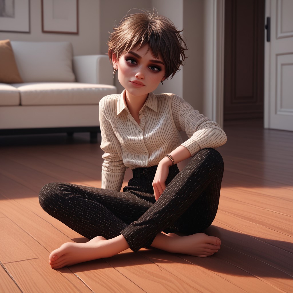 score_9, score_8_up, score_7_up, score_6_up, score_5_up, score_4_up, rating_questionable, 1girl, EvelynD, sitting on the floor, designer clothes, barefoot,