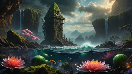 Hyperrealistic art A dark and atmospheric scene inspired by H.P. Lovecraft's "The Call of Cthulhu." In the foreground, the ancient, crumbling city of R'lyeh rises from the depths of the ocean, with its non-Euclidean architecture and impossible angles, covered in seaweed and strange, glowing algae. Towering above the city, the monstrous figure of Cthulhu emerges from the water, his grotesque, squid-like head with writhing tentacles, and massive bat-like wings casting a shadow over the landscape. His eyes glow with a malevolent, otherworldly intelligence. The sky is dark and stormy, with lightning illuminating the chaotic, nightmarish scene. Jagged rocks and towering waves crash around the city, adding to the sense of impending doom. The background features a turbulent ocean and a chaotic, swirling sky filled with dark clouds and flashes of lightning. The atmosphere is filled with a sense of cosmic dread and horror, capturing the terrifying and unfathomable nature of Lovecraft's universe. The overall style is highly detailed and realistic, emphasizing the ancient, alien nature of R'lyeh and the monstrous presence of Cthulhu.
<lora:Enhanced_XL_V1:0.8> enhanced, Hyperrealistic art Hyperrealistic art A stargate bustling futuristic cityscape, floating in post-nuclear war destroyed world with nuclear fallout, creating a juxtaposition between advanced technology and human greed, complete with hyperrealistic detail, cinematic lighting and vibrant colors <lora:world_glass:1>, dynamic, cinematic, masterpiece, intricate, hdr, . Extremely high-resolution detail, photographic, realism taken to the extreme, fine texture, incredibly lifelike . Extremely high-resolution details, photographic, realism pushed to extreme, fine texture, incredibly lifelike, RAW Proffesional Photography of a landscape, Long shot, __Kamera__, (comet:0.1), (flowers:0.1), (water lilies:0.1), (insects:0.1), (animals:0.1), (birds:0.1), (waterfall:0.1), (Fish in water:0.1),(Tundra:0.1), (Desert:0.1), (Rainforest:0.1), (Mountains:0.1), ( Frontal fog:0.1), (Waves:0.1), (Stars:0.1), Sunny, psychedelic, entropy, shallow depth of field detailed background, dark noir style, HDR, RAW, ray tracing reflections, sharp focus, ultra realistic, 12k <lora:add-detail-xl:1>, cinematic photo, a extreme deep underwater world in which occasionally (full body view of a Orca:2.0), coral reefs, algae, underwater plants, colorful fish, The scene features clear water with (random time of day, random weather:1.3), love and entropy are depicted throughout the scene, with mini insects and microcosms complementing the detailed background, HDR, RAW, ray-traced reflections, sharp focus and ultra-realistic detail, 35mm photograph, film, bokeh, professional, 4k, highly detailed
<lora:SDXLHighDetail_v5:1> <lora:more_details:1>, nsfw, Raw poster, concept art, landscape, psychedelic, Raw poster, concept art, landscape, psychedelic, depicting a two-part scenario of the same scene: in the upper half, a dark magic ocean lonely islands with palms, coconut trees, waterfalls, flowers, insects, birds, where dolphins play in the waves and the occasional shark fin breaks the surface; transitioning seamlessly into the lower half, a microcosm of an very deep and very dark underwater world with (colorful fish, mystical lights, coral reefs, seaweed, underwater plants:1.3), and occasional (orcas:0.9) and sharks gliding through the depths., foggy, random weather, random daytime, (love:1.3), (spring saeson in the ball:1.3), entropy, (mini insect:0.1), shallow depth of field detailed background, sunshaft, surreal, dark noir style, HDR, RAW, ray tracing reflections, sharp focus, ultra realistic, 12k
<lora:dreamcolor:0.3> <lora:EDG_-_Test_Lora:0.3> <lora:more_details:0.3>, Raw poster, concept art, landscape, psychedelic, Cloudy,Twilight, Crescent moonlight,beautiful waterfall in the middle of a forest, swiss landscapes, (love:1.1), Ice fog, entropy, (mini insect:0.1), (shallow depth of field detailed background:1.2), dark noir style, HDR, ray tracing reflections, sharp focus, ultra realistic, 12k <lora:add-detail-xl:1><lora:LowRA:1> <lora:more_details:1> ,m0nst3rfy3 <lora:m0nst3rfy3(0.5-1)M:1>, <lora:SDXLHighDetail_v5:1> . Extremely high-resolution details, photographic, realism pushed to extreme, fine texture, incredibly lifelike
