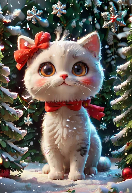 Festive, snowflake, kitten, big eyes, red bow, close-up, snowflakes falling, Christmas tree in the background, solo, cute and healing