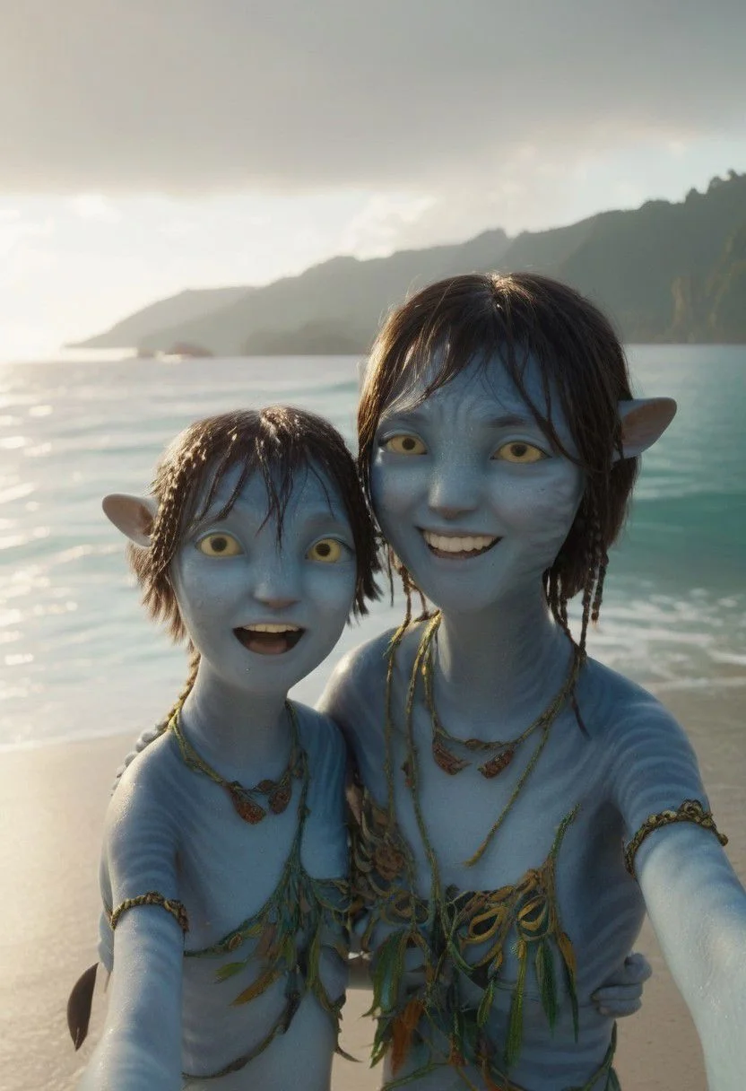 older sister (Kiri) is (taking selfie) while hugging little (Tuk), holding the camera with her hand, closeup, detailed faces, happy playful smiles, ((big eyes wide open)), (((two different))) girls, (((((age difference))))), tropical nature and (seaside with (((high) surf))) on background, nipples (covered by necklace strings and pieces), ultra-detailed, best quality, intricate details, detailed texture, cinematic light, depth of field, light source contrast, perspective, SK_CINEMATIC