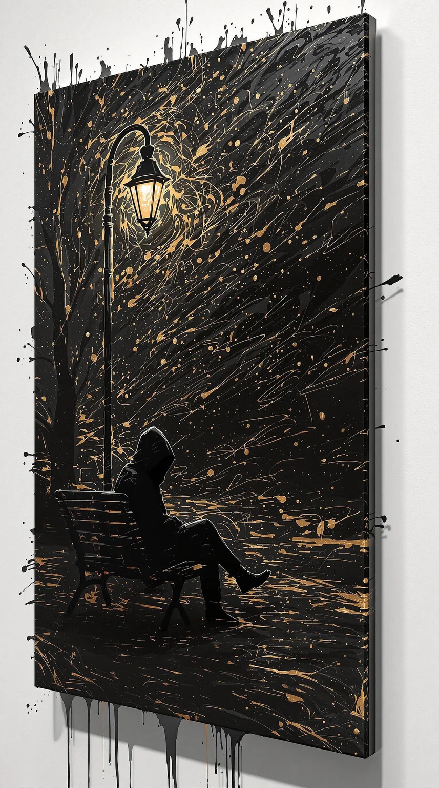 A hyper-stylistic, extremely detailed image depicts a breathtaking painting, crafted from a combination of smeared black and gold metallic paint. A cloaked and hooded figure sitting on a park bench next to a lone street light at night is captured in a streaked motion, as if it is moving rapidly in one direction. The black paint is applied in bold, dynamic strokes, creating a sense of energy and movement that is contrasted beautifully by the golden accents. The gold paint is used to highlight the figure, the bench and street lights features, adding a sense of depth and dimensionality to the image. The overall effect is one of breathtaking, surreal dynamism, as if the viewer has captured a fleeting moment in time. Every detail of the image is meticulously crafted, from the delicate, swirling patterns of the gold paint to the intricate, textured patterns of the black paint. The contrasts between light and dark, color and texture, create a sense of tension and energy that draws the viewer in, inviting them to explore the kinetic world of the painting. highest-Quality, intricate details, visually stunning, Masterpiece