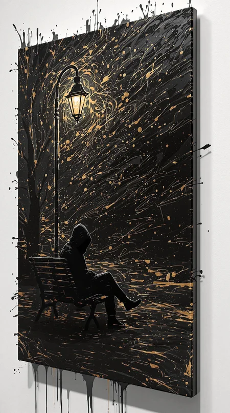 A hyper-stylistic, extremely detailed image depicts a breathtaking painting, crafted from a combination of smeared black and gold metallic paint. A cloaked and hooded figure sitting on a park bench next to a lone street light at night is captured in a streaked motion, as if it is moving rapidly in one direction. The black paint is applied in bold, dynamic strokes, creating a sense of energy and movement that is contrasted beautifully by the golden accents. The gold paint is used to highlight the figure, the bench and street lights features, adding a sense of depth and dimensionality to the image. The overall effect is one of breathtaking, surreal dynamism, as if the viewer has captured a fleeting moment in time. Every detail of the image is meticulously crafted, from the delicate, swirling patterns of the gold paint to the intricate, textured patterns of the black paint. The contrasts between light and dark, color and texture, create a sense of tension and energy that draws the viewer in, inviting them to explore the kinetic world of the painting. highest-Quality, intricate details, visually stunning, Masterpiece