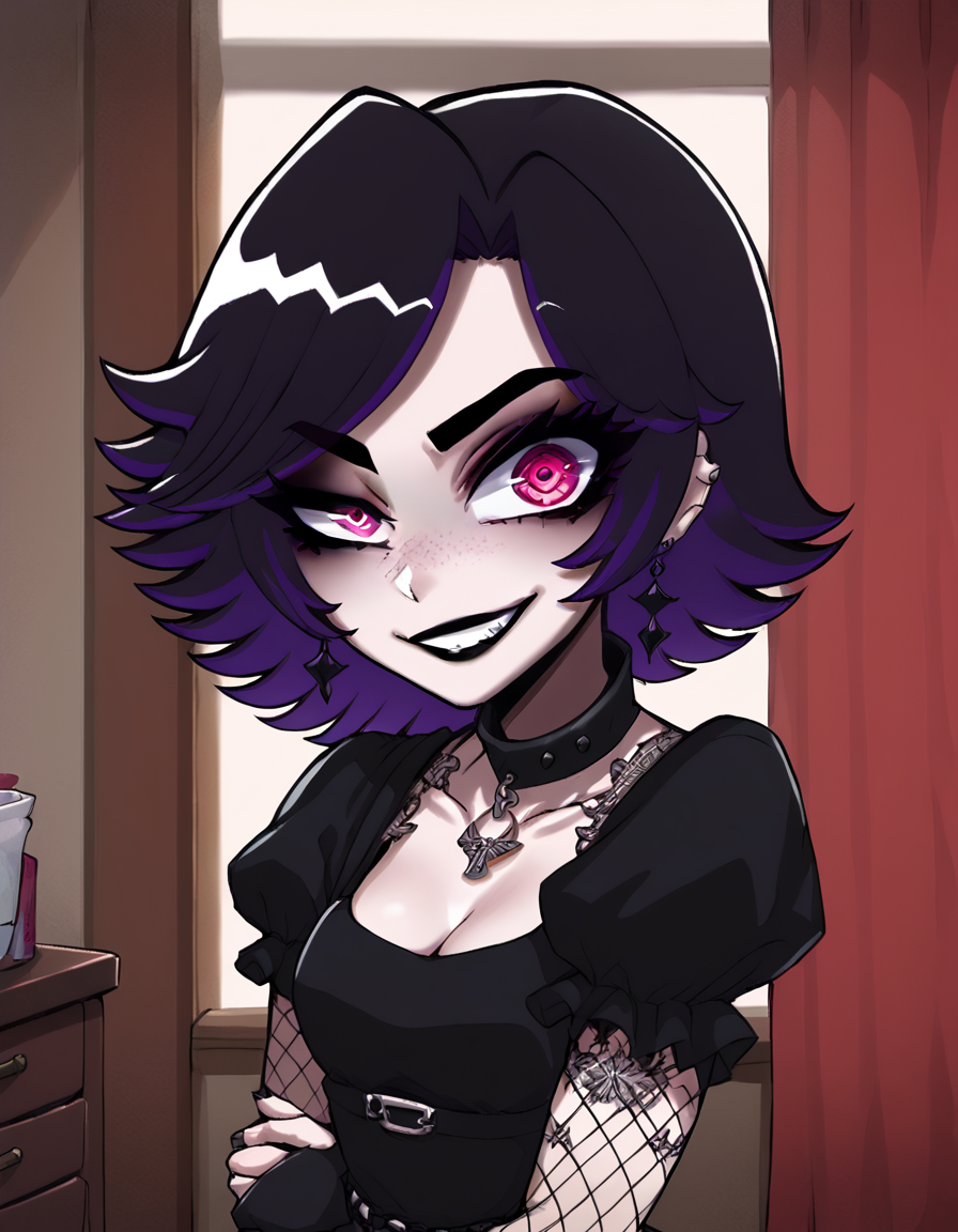 score_7_up, score_8_up, score_9, 1girl, solo, afs_ksusha, ksusha_def_afs_outfit, black clothes, uneven eyes, evil grin, 1girl, parted lips, light smile, indoors, room