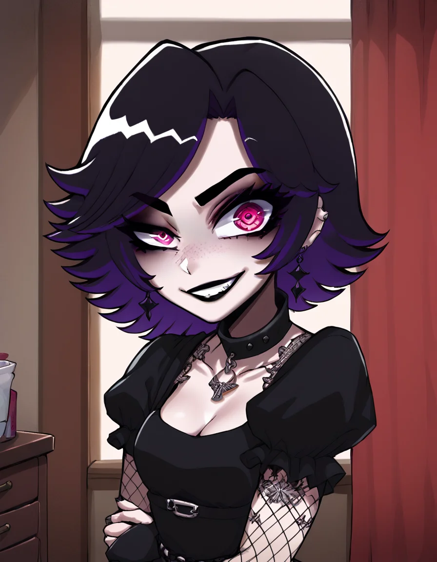 score_7_up, score_8_up, score_9, 1girl, solo, afs_ksusha, ksusha_def_afs_outfit, black clothes, uneven eyes, evil grin, 1girl, parted lips, light smile, indoors, room