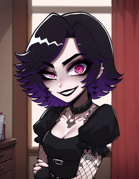 score_7_up, score_8_up, score_9, 1girl, solo, afs_ksusha, ksusha_def_afs_outfit, black clothes, uneven eyes, evil grin, 1girl, parted lips, light smile, indoors, room