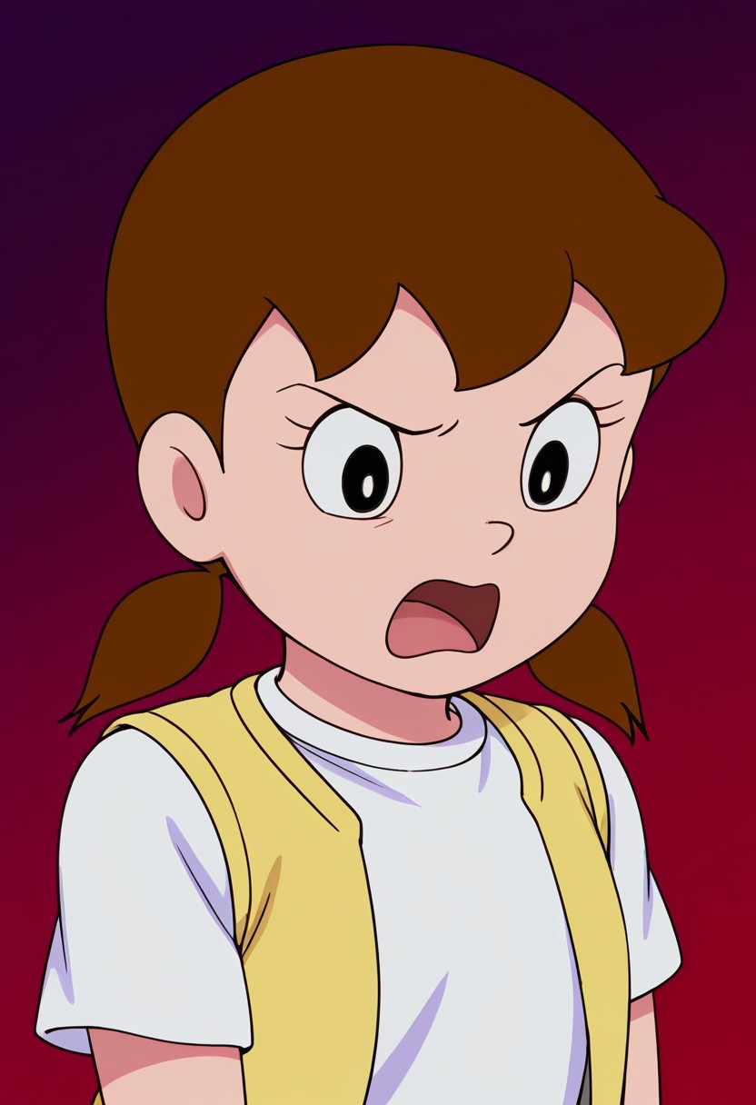 masterpiece, best quality, absurdres, 1girl, female focus, solo,  1girl, doraemon, shizuka, brown hair, black eyes, twintails, short twintails, flat chest, looking down, looking at viewer, angry, screaming, portrait, shizucasual, vest, white shirt