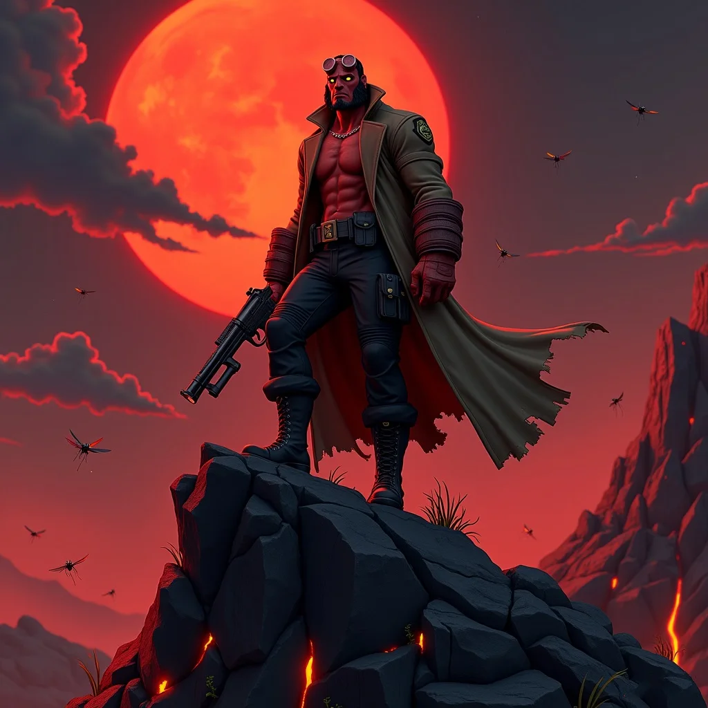 Art style: Fortnite, 3D. Action shot, Dynamic pose.
Character: Hellboy in a dynamic 3/4 view, standing, crouched slightly, holding an old four-round revolver.
Outfit: Long brown trench coat, Utility belt with pouches, black cargo pants, Black leather boots, yellow eyes.
Scene: Hellboy stands atop a towering mountain of cracked obsidian.
Lighting: Black clouds, A glowing red full moon, red sky, casting a strong red light, creating deep shadows across Hellboy and the obsidian below.
Background: The horizon features volcanic terrain with glowing lava. Swarms of mosquitoes flying around the obsidian. Glowing lava flowers and red-hued flora, vines are scattered around the landscape. Windy.