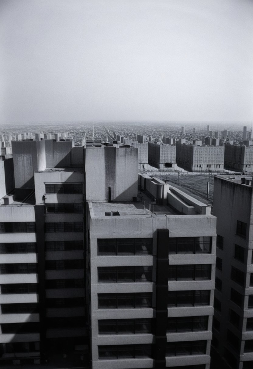 80sc1nemat1c5tyle, creamy bokeh, never ending line of buildings far away to the horizon, oppression, monochrome