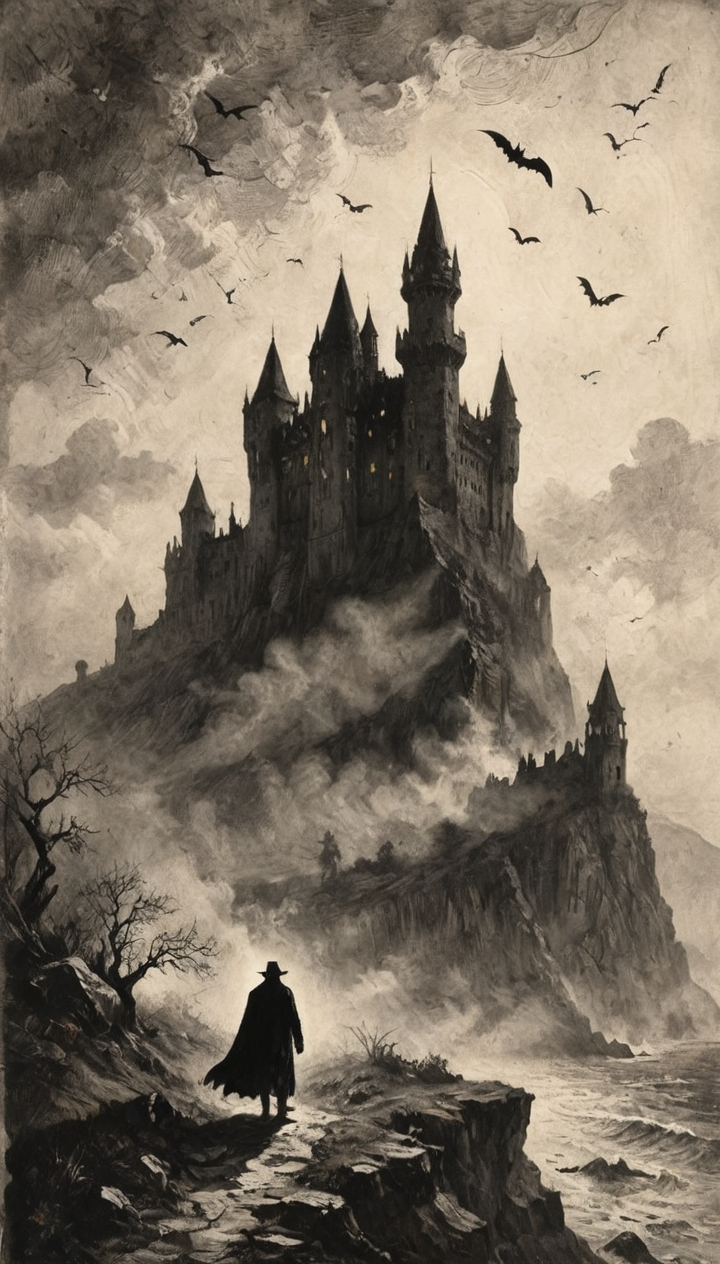 a silhouette a man cape and hat (etching:3)  (max screech) B&W, big castle in background, cliff, (highly detailed:3), (hundred of bats forming a shadow cloud towards the sky:1.4),  <lora:Desolation:0.3>,<lora:LaxpeintXL-2.0:0.7>
