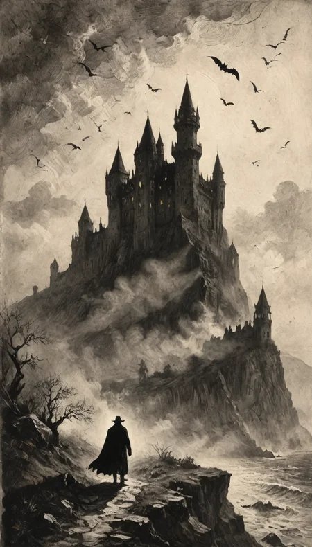 a silhouette a man cape and hat (etching:3) (max screech) B&W, big castle in background, cliff, (highly detailed:3), (hundred of bats forming a shadow cloud towards the sky:1.4), <lora:Desolation:0.3>,<lora:LaxpeintXL-2.0:0.7>