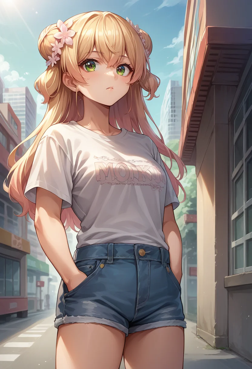 score_9, score_8_up, score_7_up, source_anime, 1girl, solo, MomosuzuNene, long hair, double bun, hair flower, t-shirt, denim shorts, standing, outdoors, city, hands in pockets, <lora:ChamMomosuzuNenePonyXL:1>